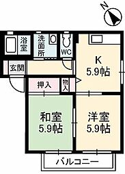 エバーコンフォート　Ｄ棟 2階2Kの間取り