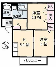 レイクサイド玉湯　Ａ棟 2階2Kの間取り