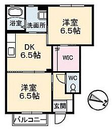 サンディアス 1階2DKの間取り