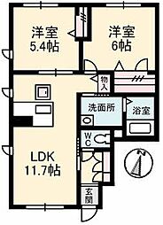 ＦｌｅｃｈｉｒＩ（フレシールアイ） 1階2LDKの間取り