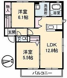 ヴィラメリディアン楽々園 2階2LDKの間取り