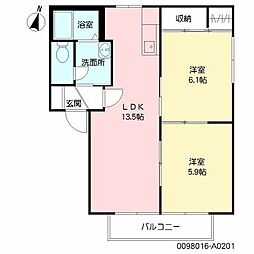 フレンドリー城南　Ａ棟 2階2LDKの間取り