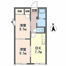 タウニィ井口北棟 2DKの間取図画像
