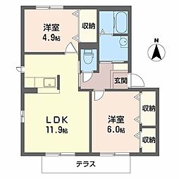 レオハイツ一津屋 1階2LDKの間取り