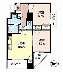 難波サウスヴィラ 2LDKの間取図画像