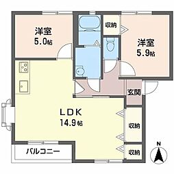 サニービレッジ男山 1階2LDKの間取り