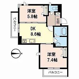 クローバーテラス2 2DKの間取図画像
