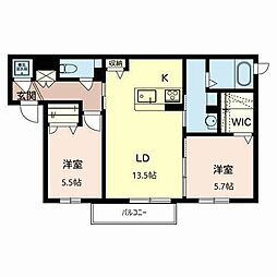 コートリヴェールI 2階2LDKの間取り