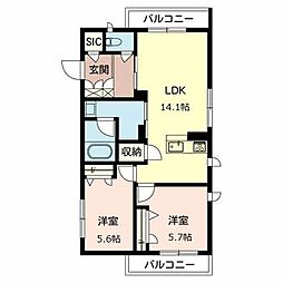 ベレオ黒田ＳＯＵＴＨ 3階2LDKの間取り