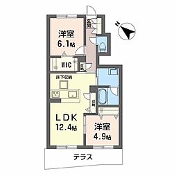 サワーソレアードＢ 1階2LDKの間取り