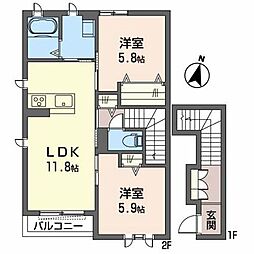 オクサリス 2階2LDKの間取り