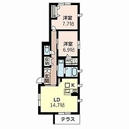 アトリオ朝霧 1階2LDKの間取り