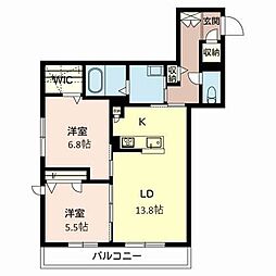 アトリオ朝霧 2階2LDKの間取り