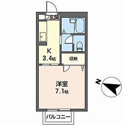 ジュネス山の寺II 2階1Kの間取り
