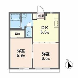 フローラハウス 1階2DKの間取り