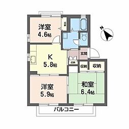 グラシュールコートＣ 2階3Kの間取り