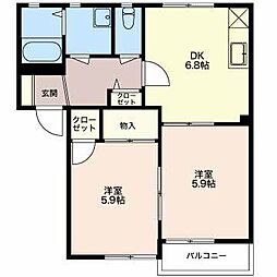 キャトルセゾンE棟 2DKの間取図画像