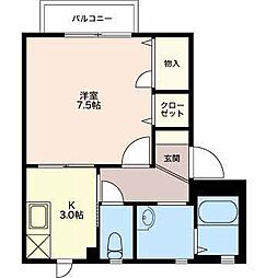 サンライズ鵜ノ子B棟 1Kの間取図画像