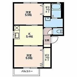 グリーンセトル 2階2Kの間取り