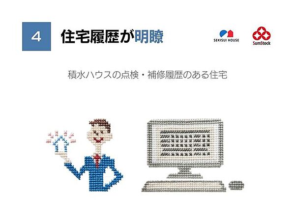 ■Point4住宅履歴が明瞭点検・補修やリフォームなどの住宅履歴データをスムストック住宅販売士が確認済みなので安心。将来のメンテナンスやリフォームプランを購入時に提案してもらうこともできます。