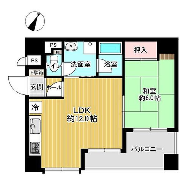 全居室南向き＋6帖以上。LDKは約12.0帖、キッチンは壁付けタイプです。和室1部屋が配置されており、押入が設けられています。