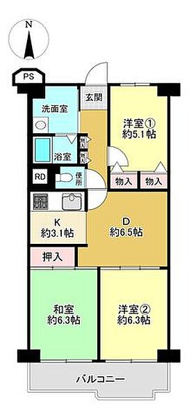 。洋室2部屋＋和室1部屋が配置されており、約5.1帖の洋室(1)と和室に収納スペースが備わっています。2部屋に面する、南向きバルコニー付き。