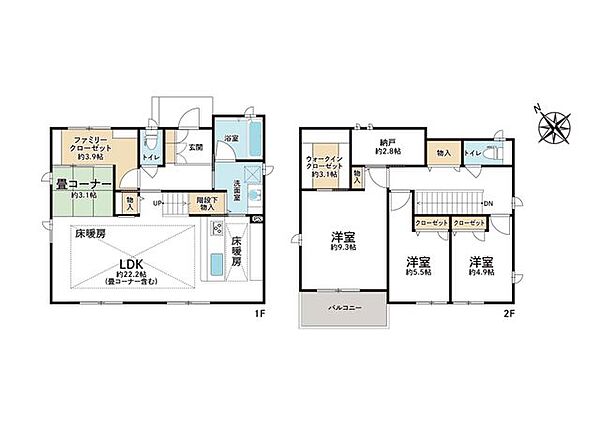 全居室の南西側に、窓を設けています。各階にトイレ有。全居室および各階ホールは、WIC・納戸を含む収納スペース付きです。