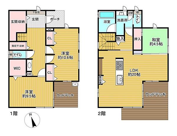 和室1部屋＋洋室2部屋が配置されています。和室・各洋室・各階廊下に、WICを含む収納スペース有。各階に、ウッドデッキが設けられています。