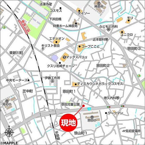 【地図】JR宇部線「東新川」駅まで徒歩18分(約1410m)。国道190号に面し、幹線道路沿いならではの視認性やアクセスの良さが魅力です。お気軽にお問い合わせくださいませ。