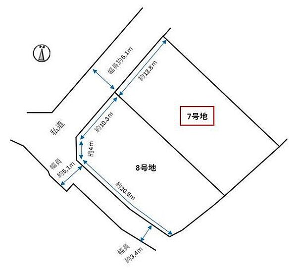 【区画図/7号地】土地面積100坪超の建築条件無し売土地です。お好きなハウスメーカー・工務店をお選びいただけます。前面道路は北西側、幅員約6.1mです。