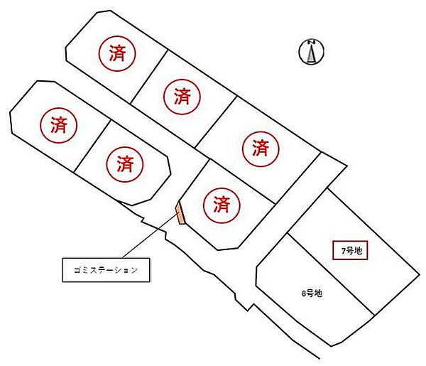 【全体区画図/7号地】第一種低層住居専用地域内の、全8区画の街並みに位置しています。街区内にゴミステーションあり。コンビニ・スーパーなどのお買い物施設が、徒歩10分圏内に揃う住環境です。