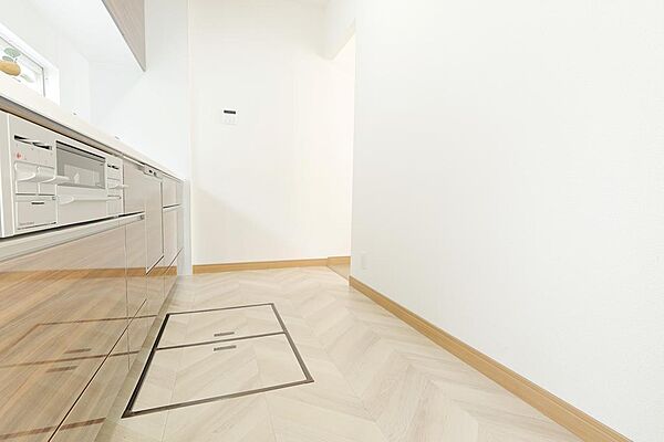 キッチン背面です。●　ゆったりめの延床面積１１９．９８m2の居室空間、更に庭のある住戸なので、室外の楽しみが広がります。機能的なシステムキッチンです。
