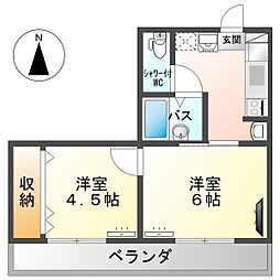 スイングハイツN-3 2階2Kの間取り