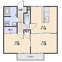 ラベンダー 2階2DKの間取り