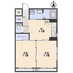 サンライズマンション 3階2DKの間取り