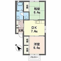 アビーロードB 2階2DKの間取り