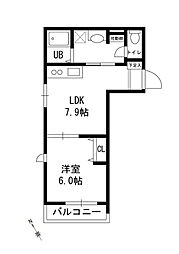 フルセイル矢部 2階1LDKの間取り
