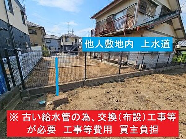 上水道（量水器等）　※他人敷地内（西側隣接）を通過　※古い給水管の為、交換（布設）工事等が必要　※工事費用等　買主負担