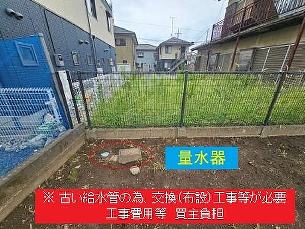 上水道（量水器等）　※他人敷地内（西側隣接）を通過　※古い給水管の為、交換（布設）工事等が必要　※工事費用等　買主負担