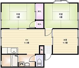 サニーハイツＢ 2階3DKの間取り
