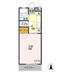 シャトーブリリアント 2階1Kの間取り