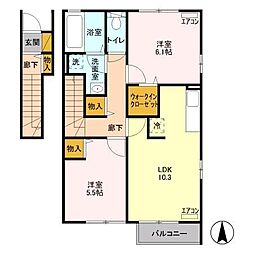 セジュールプレリー 2階2LDKの間取り