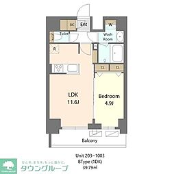 東京メトロ東西線 早稲田駅 徒歩8分の賃貸マンション 2階1LDKの間取り