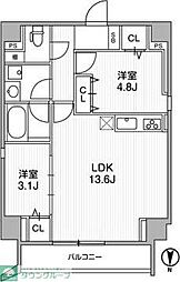都営大江戸線 西新宿五丁目駅 徒歩9分の賃貸マンション 6階2LDKの間取り