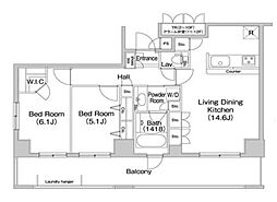 JR山手線 田町駅 徒歩9分の賃貸マンション 6階2LDKの間取り
