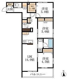 東武野田線 六実駅 徒歩8分の賃貸マンション 2階2LDKの間取り