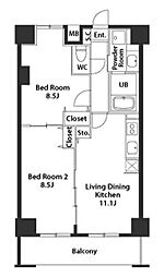 JR総武線 千葉駅 徒歩15分の賃貸マンション 11階2LDKの間取り