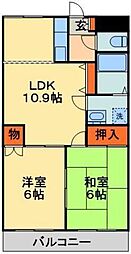 JR内房線 浜野駅 徒歩3分の賃貸マンション 3階2LDKの間取り