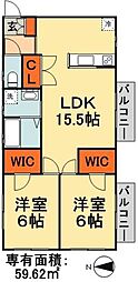 レジデンスめいわＢ棟 2階2LDKの間取り