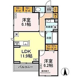 千葉都市モノレール 千城台北駅 徒歩10分の賃貸マンション 2階2LDKの間取り